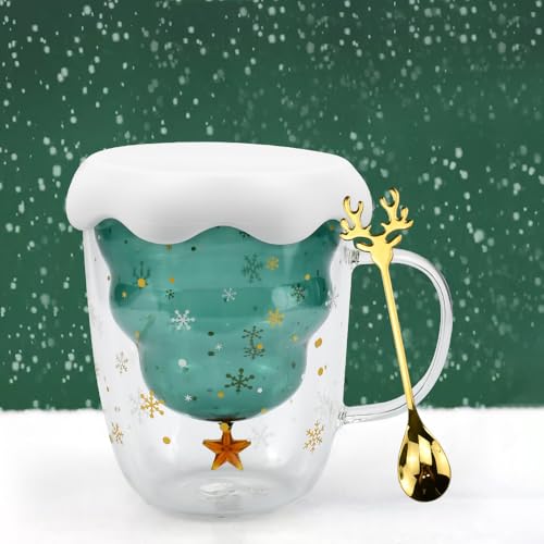 ADERTOS Weihnachtstasse Glas 300ml Weihnachtsbecher Weihnachts Kaffeebecher Doppelwandiger Weihnachtsbaum Milchbecher Weihnachten Becher mit Deckel Griff Tee Tasse für Milch Xmas Geburtstagsgeschenke