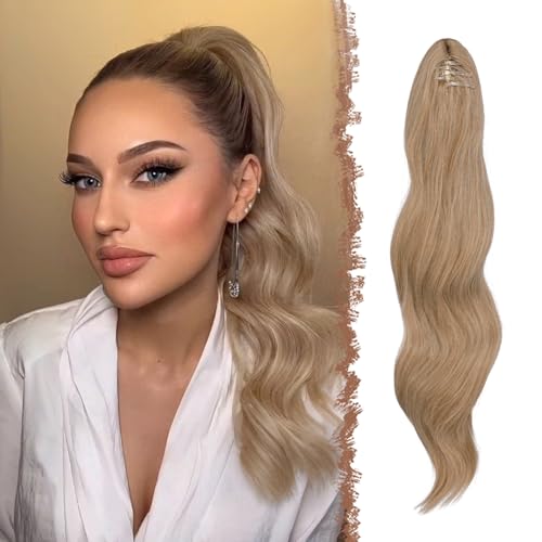 FESHFEN Pferdeschwanz Extensions Klammer, 50 cm Hair Extensions Zopf Lang Pferdeschwanz Haarteil Clip Gewellt Extensions Zopf Blond und Aschblond Gemischt Pferdeschwanz Haarverlängerung für Frauen