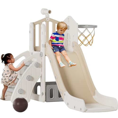 KORIMEFA 5 in 1 Kinderrutsche mit faltbarem Korb & Basketball, Kinder Fun-Slide Rutsche Gartenrutsche mit Stauraum, Indoor Outdoor Spielplatz Spielzeugrutsche für Kinder ab 1 Jahre Alt (Kaffee/Beige)