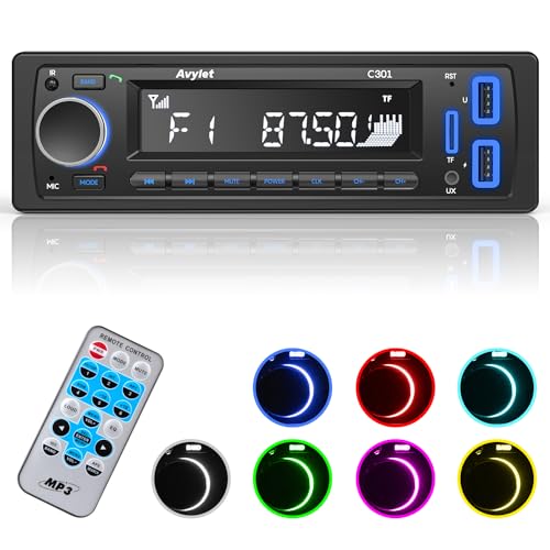 Autoradio Bluetooth 5.0,Avylet Autoradio mit Bluetooth Freisprecheinrichtung,7 Farben FM Autoradio 1 Din mit 2 USB/AUX/SD Karte/MP3-Player