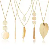 Lucktao 5 Stück Modeschmuck Kette,Mode Anhänger Halskette Schmuck,Lange Pullover Halsketten,Feder Kreis Blatt Schloss Quaste Y-Halskette Schmuck-Set,Lange Kette Gold,Kette Lang Gold,Modeschmuck Set