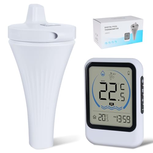 2025 Verbessertes Poolthermometer Digital Funk, IPX7 Wlan Schwimmende Wasserthermometer Mit Indoor Temperatur LCD Monitor für 80m Reichweite,Badethermometer für Eisbad, Pools, Whirlpools, Spas