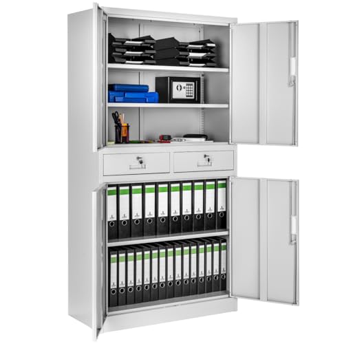 tectake® Aktenschrank, Mehrzweckschrank aus Stahl, Allzweckschrank, Aktenschrank abschließbar, 2 Schrankabteilen, 2 Schubladen, Türen und Schloss, Büroschrank, Werkzeugschrank, 180x80x40cm - hellgrau