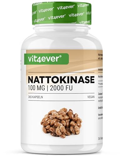 Nattokinase - 365 Kapseln mit je 100 mg (20.000 FU/g) - 12 Monatsvorrat - Hochdosiert - Vegan - Ohne Gentechnik - Ohne unerwünschte Zusätze