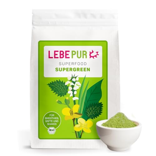 Lebepur BIO SUPER GREEN Pulver 500g - Superfoodpulver mit Gerstengras, Weizengras, Spinat, Brennnessel, Grünkohl Chlorella und Spirulina - für Green Smoothie geeignet in Rohkostqualität