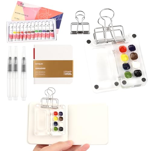 Mini Aquarell Travel Set, Skizzenbuch Palette Set 8 Grids,Tragbares Acryl Malpalette Malkasten,Skizzenbuch Palette für Künstler, Studenten,mit Aquarellpapier Journal, Aquarellpinsel Stiftel, Clip