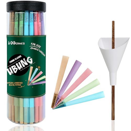 UBUNG Rainbow Cones | 100 King Size Konisch vorgedrehte Hülsen ​(5 Farben) Einschließlich 1 Trichterlader und 1 Putter für Verpackunge