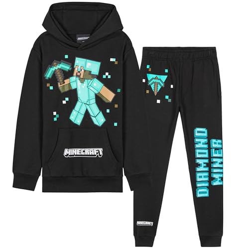 Minecraft Jungen Trainingsanzug Set, bequemer Jogginganzug mit Pullover & Hose (Schwarz/Blau, 11-12 Jahre)