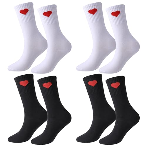 Newofview 4 Paar Socken Damen lässige Socken,Damensocken 37-42,Stoppersocken mit Herz motiv,Haussocken Weiß Tennissocken damen Kuschelsocken Schwarz Sportsocken Damen aus Baumwolle