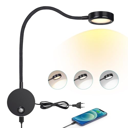 ERWEY Leselampe Wandmontage, LED Bettleuchte Wandleuchte mit Touch Button Einstellbar Licht 3000K/4000K/6000K, 4W Bettlampe 360° Flexible Schwanenhals Lampe mit USB-Ladeanschluss, Schwarz