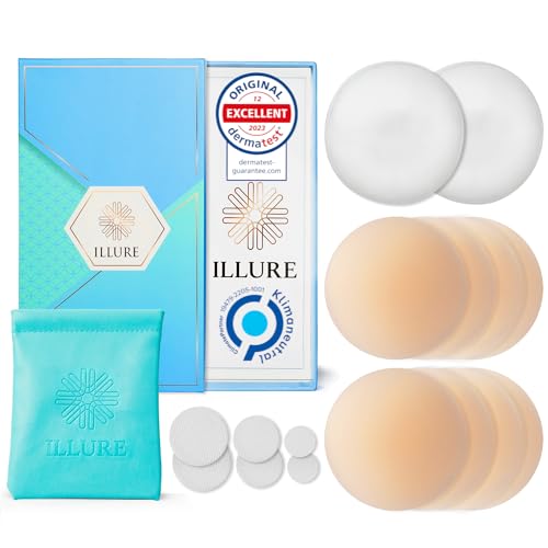 ILLURE® Nippelpads – Damen Nipple Cover [4 Paar] mit Brustwarzenschutz - Nipple Pads wiederverwendbar & waschbar - dünne Selbstklebende Brustwarzen Nippelabdeckung aus hypoallergenem Silikon [8 cm]