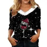 DGZTWLL Weihnachts-T-Shirts für Damen, 2023, lustig, niedlich, V-Ausschnitt, Kunstfell-Shirt, sexy Weihnachtsmann, Frauenmann, Pailletten, Weihnachtsoberteile, schwarz, d, X-Groß