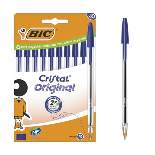 BIC Cristal Original Kugelschreiber mit mittlerer Spitze (1,00 mm), sechseckigem Schaft und passender Kappe – Blau, Kartonschachtel à 10