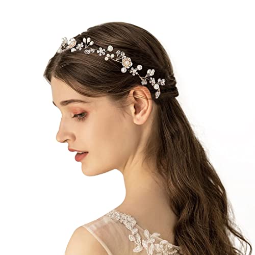 Braut Stirnband Haarschmuck Hochzeit Braut Stirnband Braut Kopfschmuck Vintage Perle Haarkranz mit Blatt Gold Braut Haarband Kristall Blinkender Braut Haarschmuck Handgefertigtes Braut Stirnband