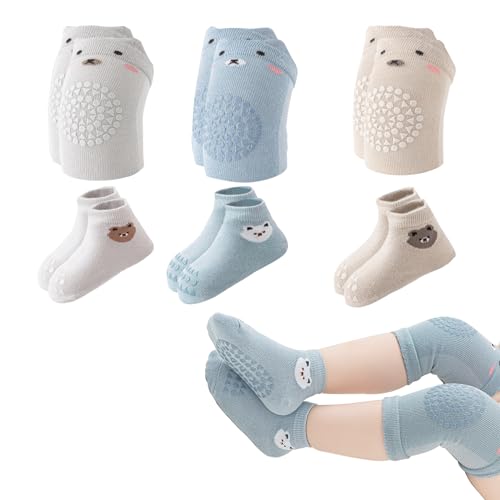 Baby Knieschoner zum Krabbeln, 3 Paar Anti Rutsch Baby Krabbelsocken Und 3 Paar Knieschoner Baby Krabbeln Mädchen Junge mit Anti-Rutsch-Noppen für Sicheren Halt Baby Krabbelhilfe für 0-24 Monate