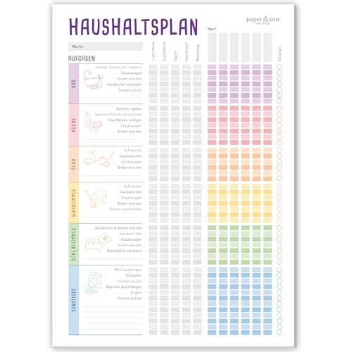 paper&you® Haushaltsplan Block A4 "Rainbow" Putzplan für Familien oder WGs, 50 Blatt - alle helfen mit den Haushalt zu organisieren - klimafreundlich & nachhaltig