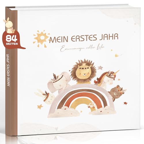 Babybuch mein erstes Jahr, Babyalbum Erinnerungsbuch für schönsten Momente fürs 1. Lebensjahr, Boho Baby Tagebuch Hochwertig, Geschenk zur Geburt für Mädchen & Jungen Baby Erstausstattung Neugeborene