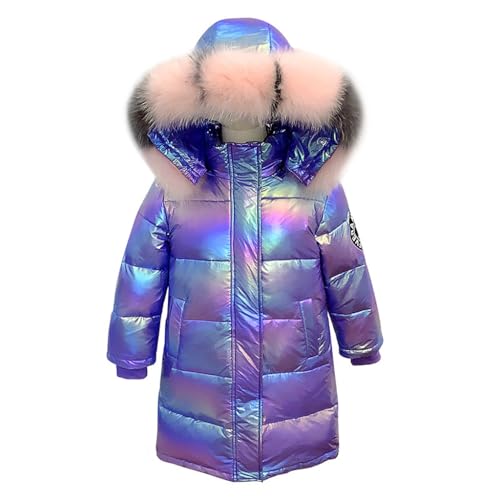 linboo Kinder Winterjacke Mädchen Winterparka mit Fellkapuze Outdoor Wintermantel Warme Parka Jacke Dicke Steppjacke Winddicht Baumwolle Jacke, Lila, 146-152