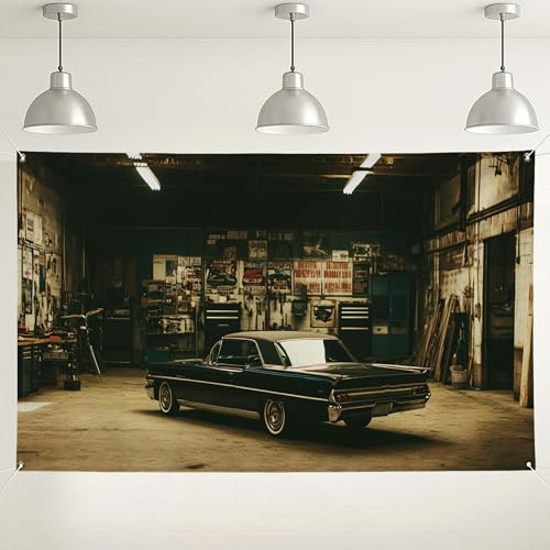 Hintergrund für Oldtimer-Garagen, Retro-Automobilwerkstatt, Fotografie-Hintergrund, klassische Fahrzeugdekoration für Studio-Events, ideal für Automobil-Shows und Auto-Themenpartys, 180 x 109 cm
