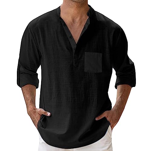 Mymyguoe Henley Shirt Herren Kurzarm Leinen Hemd Herren Sommer Leicht Freizeithemd Lässige Businesshemd Herrenhemden Casual Regular Fit Bügelfrei Business Hemd Klassiche Einfarbig Sommerhemd 2024