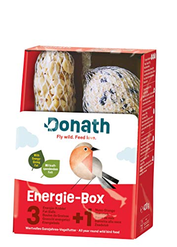 Donath Energie-Box 3+1-3 Meisenknödel im Netz a 100g und 1 Nussstange a 120g - viel Abwechslung - wertvolles Ganzjahres Wildvogelfutter - aus unserer Manufaktur in Süddeutschland