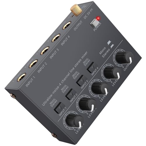 LiNKFOR 4 Kanal Mini Stereo Audio Mixer Ultrakompakter Audiomixer Unabhängige Lautstärkeregelung für Mischungen, DC 5V Type-C Mini-Audiomischer mit Netzteil Audiokabel - Ultra Niedrig Noise