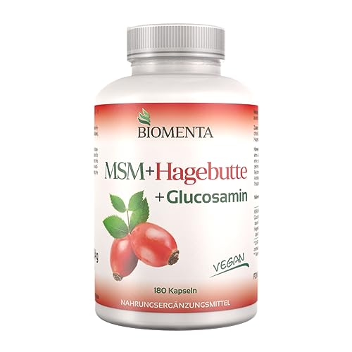 BIOMENTA MSM + Hagebutte + Glucosamin – 180 allergenfreie MSM Kapseln hochdosiert mit 1.200mg Schwefel Pulver + 750mg Glucosamin HCl + 300 mg Hagebutte Extrakt/Tag - vegan - Premiumqualität