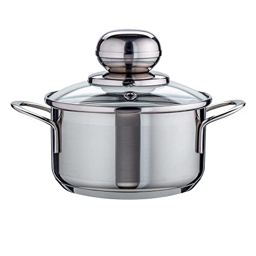 Level One Topf Edelstahl 12 cm Kochtopf Induktion 0,8 Liter, Mini Fleischtopf & Bratentopf mit Glasdeckel für den Backofen, rostfreier Edelstahl, für alle Herdarten geeignet