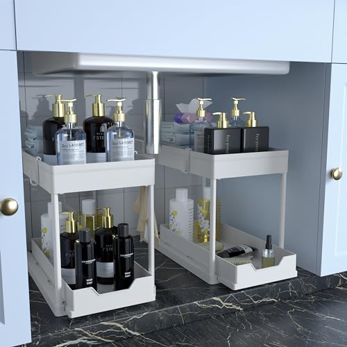 DEKAVA Küchen Organizer, 2 Unter Waschbecken Regal, Schrank Küchenorganizer mit 4 Haken, Schrankkorb für Küche, Bad(weiß)