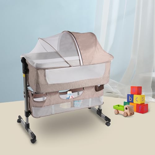 Duoruameng Beistellbett Baby Klappbar Babywiege mit Weich Matratze,Multifunktions Kinder Bett mit Rollen und Moskitonetz,5-Fach Höhenverstellung Khaki