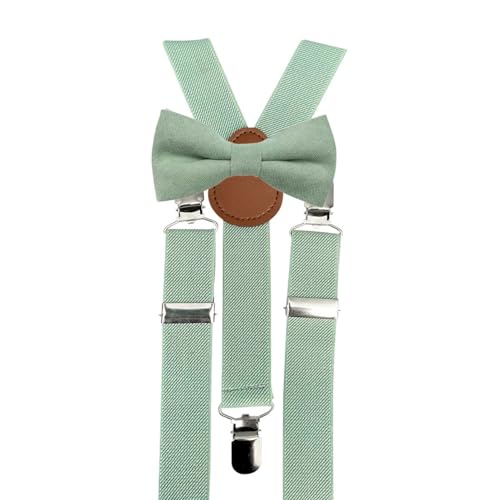 Set mit Fliege und Hosenträgern aus Baumwollmischgewebe für Kinder und Jungen, Fliege und Eukalyptus-Hosenträger in Salbeigrün, Bow Tie: Length 10cm, width 5cm