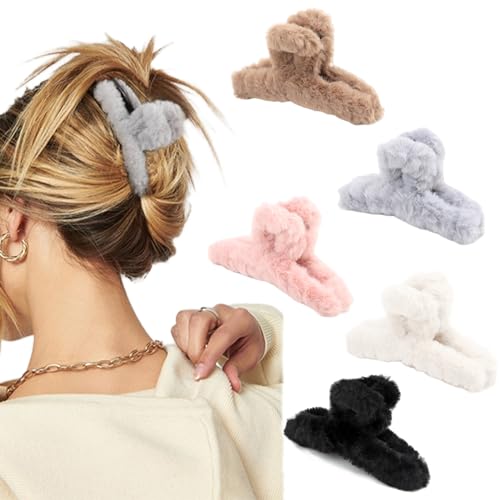 5 Stück Plüsch-Haarspangen, Haarklammer Groß 11cm, Winter Weicher Flauschige Haarklammer Niedliche Rutschfestes Haar Jaw Clips Haarstyling-Zubehör für Frauen Mädchen