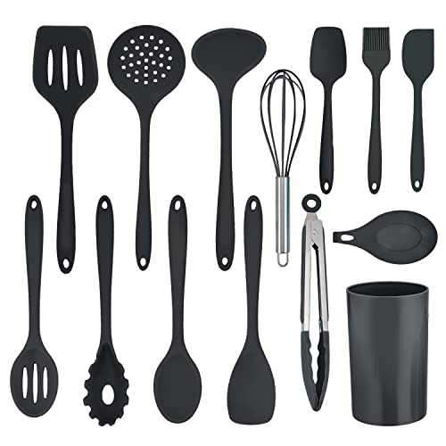 Herogo Küchenhelfer Set, 14 teiliges Silikon Kochgeschirr Küchenutensilien Set mit Utensilienhalter, Hitzebeständiger Kochutensilien Kochbesteck Küchenset, Spülmaschinenfest, Schwarz