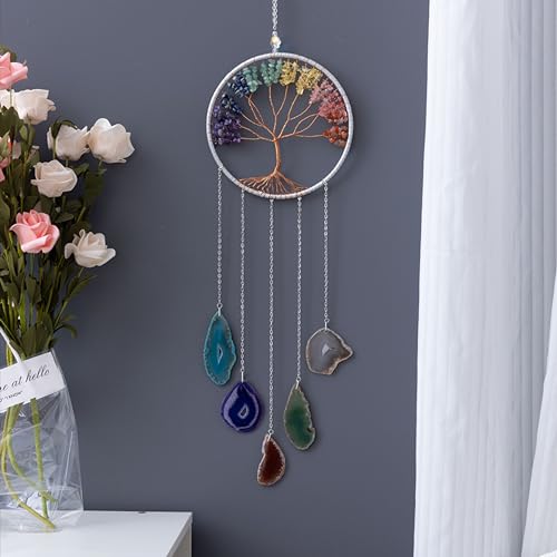 Kristalle Baum des Lebens Traumfänger, natürlicher Edelstein Achat Chakra Schild, Wandbehang, Heimdekoration für Meditation,Yoga Wandkunst,Mandala Ornamente für Schlafzimmer (7 Chakra-Kristalle)