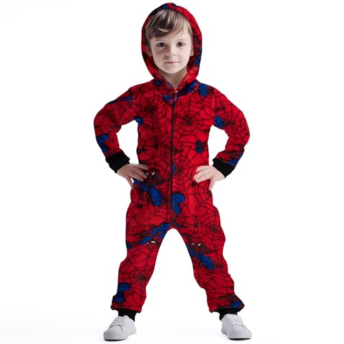 United Labels Marvel Spiderman Jumpsuit mit Kapuze für Jungen, Rot, 122-128, Overall lang, Schlafanzug Einteiler für Kinder