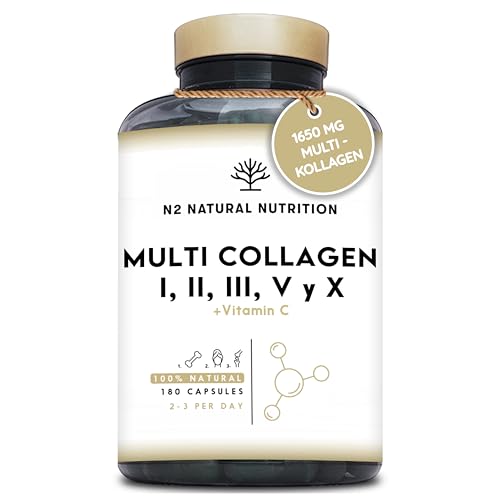 Multi Kollagen Kapseln Hochdosiert 1650mg Angereichert mit Vitamin C. Hydrolysierte Collagen Peptide Typ I, II, III, V, X. 180 Kapseln. Für Haut, Haare, Knochen & Gelenke. N2 Natural Nutrition