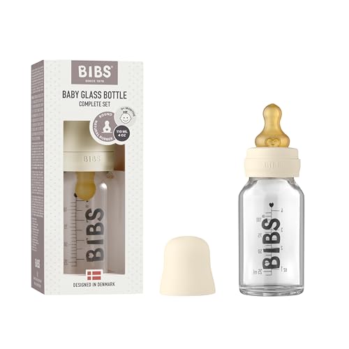 BIBS Baby Glass Bottle 110ml, Vermindert Koliken, Runder Sauger aus Naturkautschuklatex, Unterstützt das Stillen. Complete Set - 110 ml, Ivory