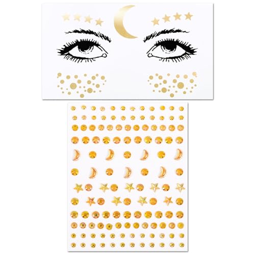 BOFUNX 2 Stücke Sterne Mond Gesichtstattoo Gold Strasssteine Selbstklebend Edelsteine Aufkleber Sterne Mond Rund Glitzersteine für Fasching Karneval Mottoparty Cosplay