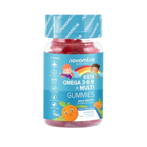 Kinder Omega 3 6 9 Gummibärchen – Vitamin D & Vitamin E – Omega 3 Vegan – 1 Monatsvorrat – Nahrungsergänzungsmittel zum Kauen – Pflanzliche Alternative zu Fischöl – Kinder Vitamine von Novomins