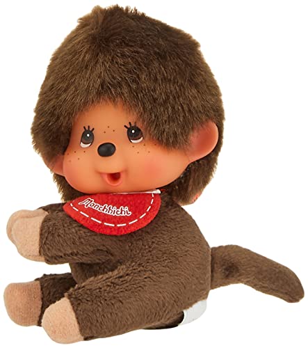 Sekiguchi 257140 - Original Monchhichi Junge mit Clip-Mechanismus, Klammer-Affe aus braunem Plüsch mit rotem Latz, ca. 20 cm großes Plüsch-Tier zum Befestigen an Taschen, Rucksäcken und Möbelstücken