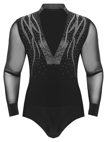 Sinleey Herren Latein Tanz Body Glitzer Langarm Gymnastikanzug Eislauf Turnanzug Turnbody Kostüm Performance Schwarz M