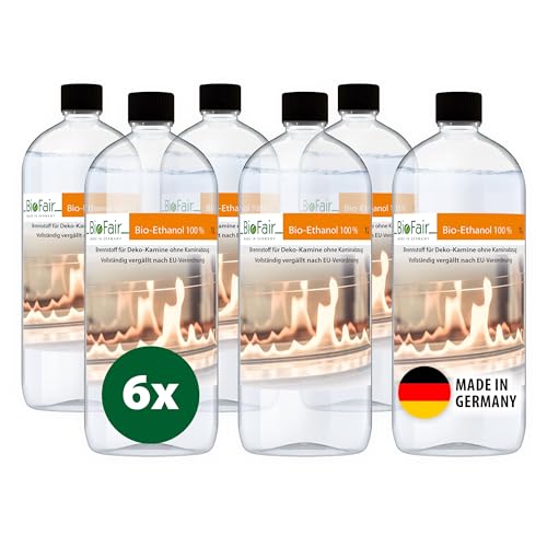 BioFair Bioethanol - 100% Reiner Brennstoff - Bioethanol für Bioethanolkamin, Ethanol Tischkamin, Wandkamin Indoor - 6 x 1 Liter