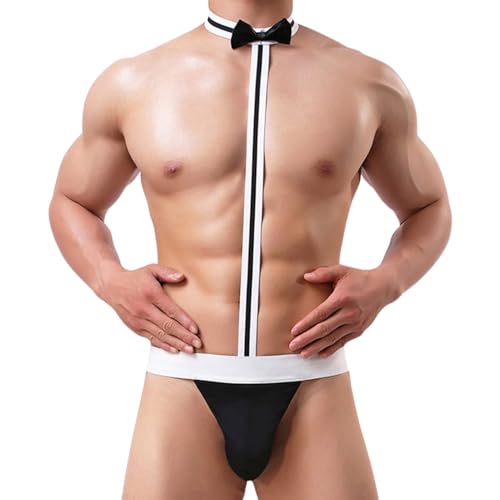 ROSVAJFY Herren Sexy Tangas mit Kragen, Herren Sexy Unterwäsche, Fliege Herren Dessous Tanga Slips, Fliege Kragen Bodysuit Sexy Teddy Kostüm Schwarz Rot Cosplay Einheitsgröße (Schwarz)