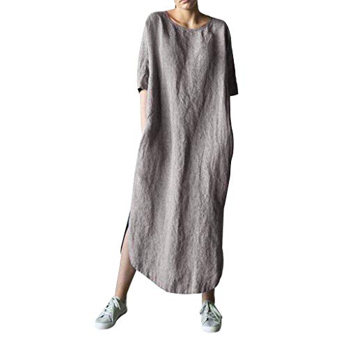 QWUVEDS Mode Frauen Feste farbige Baumwolle Leinen Langarm-O-Ausschnitt Falte Freizeitkleid Kleider Herbst Damen Damen Leicht Leinenkleid Elegante Kleider Damen Freizeitkleid Damen (Grey, L)