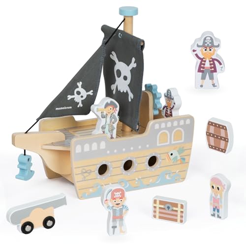 Mamabrum Holzpiratenschiff für Kinder ab 3 Jahre, Boot Spielzeug mit Öffnungsdeck und Zubehör im Set, Spielzeug Piratenschiff mit Piraten Figuren