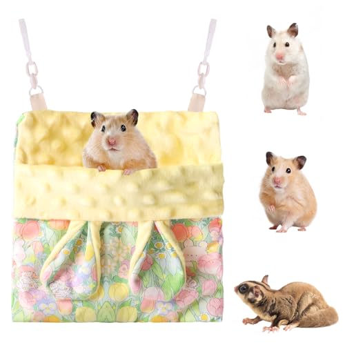 Fnaobai Sugar Gliders Schlafsack, Hamster, Samt, Hängematten, Betttrage mit Gurt, Eichhörnchen, Murmeltiere, Meerschweinchen, warme Schaukel, Tragetasche, Käfigzubehör für Kleintiere (Gelb)