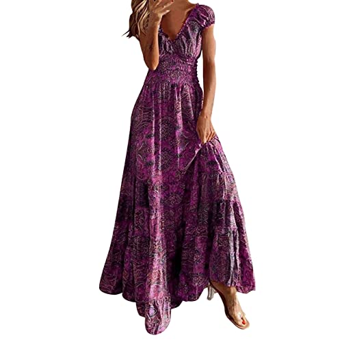 2025 - Frauen Kurzarm Elegantes Abendkleid Sexy A-Linie Boho Rock Lässig Maxikleid Partykleid Kleid Elegant Damen Knielang (Purple, L)