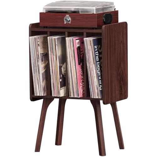 LELELINKY Holz Schallplattenständer mit 4 Schränken, Mid-Century Vinyl Plattenspieler Tisch mit Massivholzbeinen, Hält Bis Zu 100 Alben,Walnuss Vinyl Schallplatten Regal für Schlafzimmer, Wohnzimmer