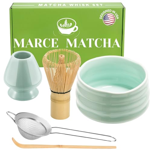 Marce Matcha-Schneebesen-Set, Matcha-Schneebesen und Schüssel, Matcha-Sieb, Matcha-Schneebesenhalter und Matcha-Löffel, das perfekte Matcha-Set für Matcha-Tee (blau)