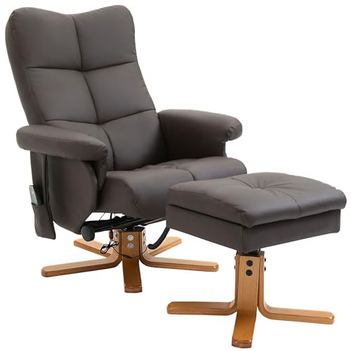 HOMCOM Massagesessel mit Liegefunktion Relaxsessel mit Fußhocker TV Sessel Fernsehsessel 145°-Neigebarer Liegesessel mit 10 Vibrationpunkte Ergonomischer Stuhl Kunstleder Braun 80 x 86 x 99 cm